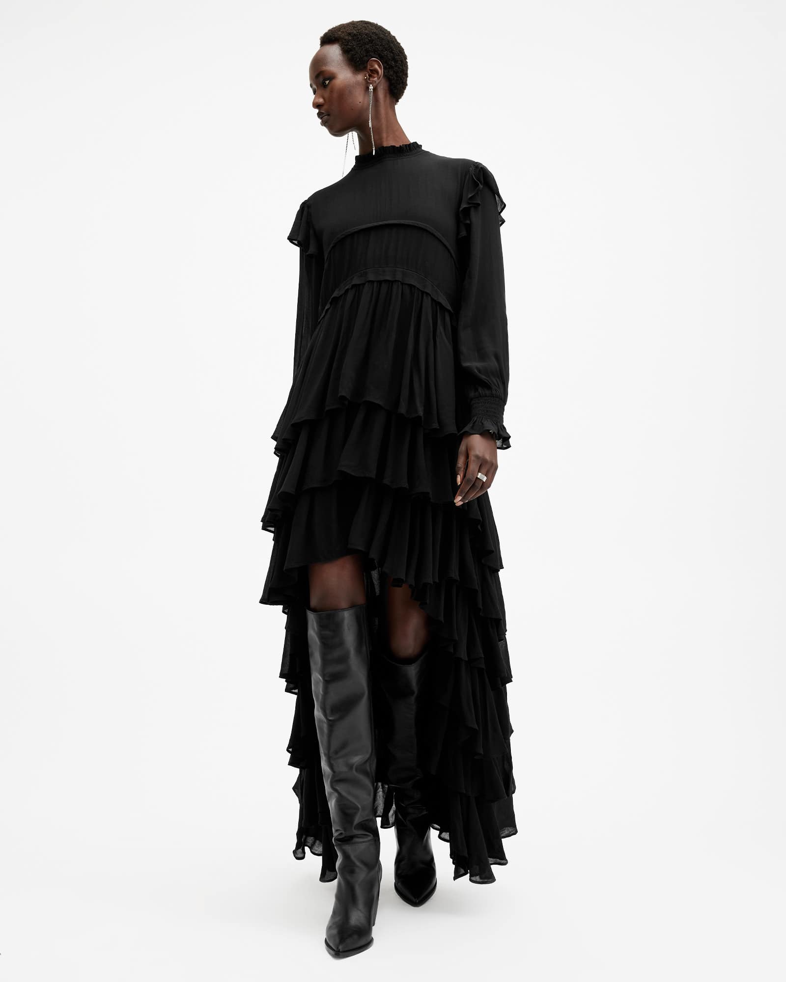 All Saints Cavarly Long Sleeve Ruffle Maxi Dress Black