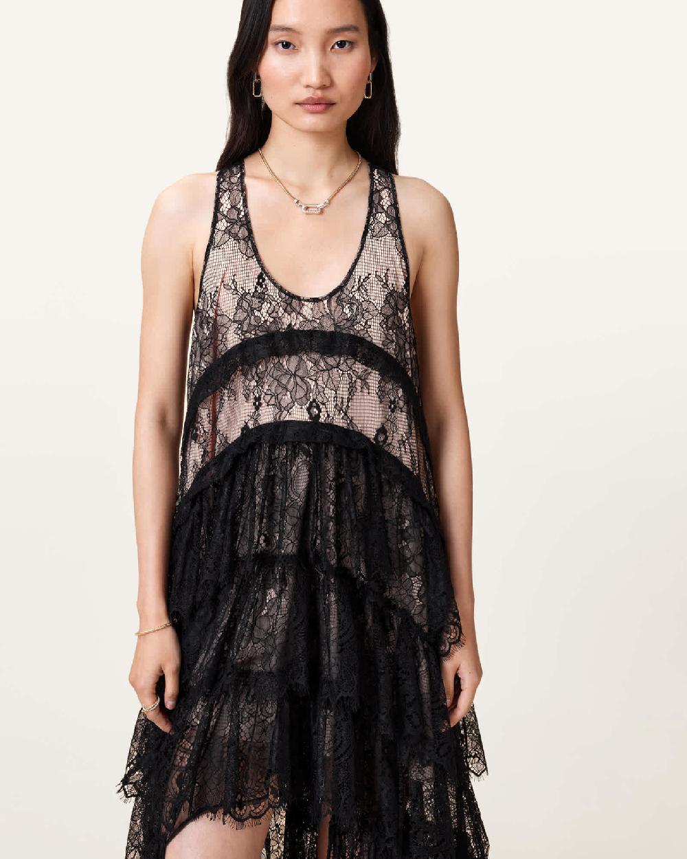 All Saints Cavarly Tiered Ruffle Lace Maxi Dress Black