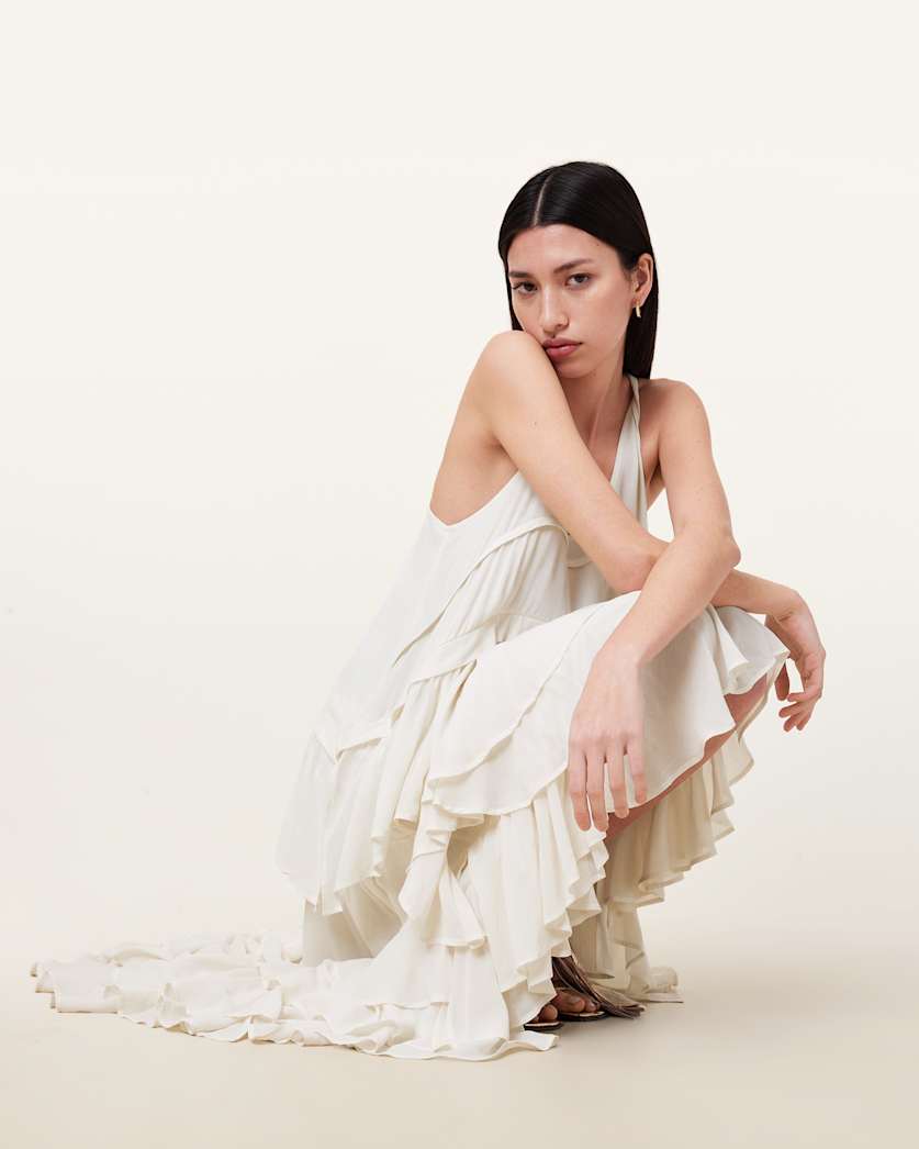 all saints Cavarly Tiered Ruffle Maxi Dress Birch White