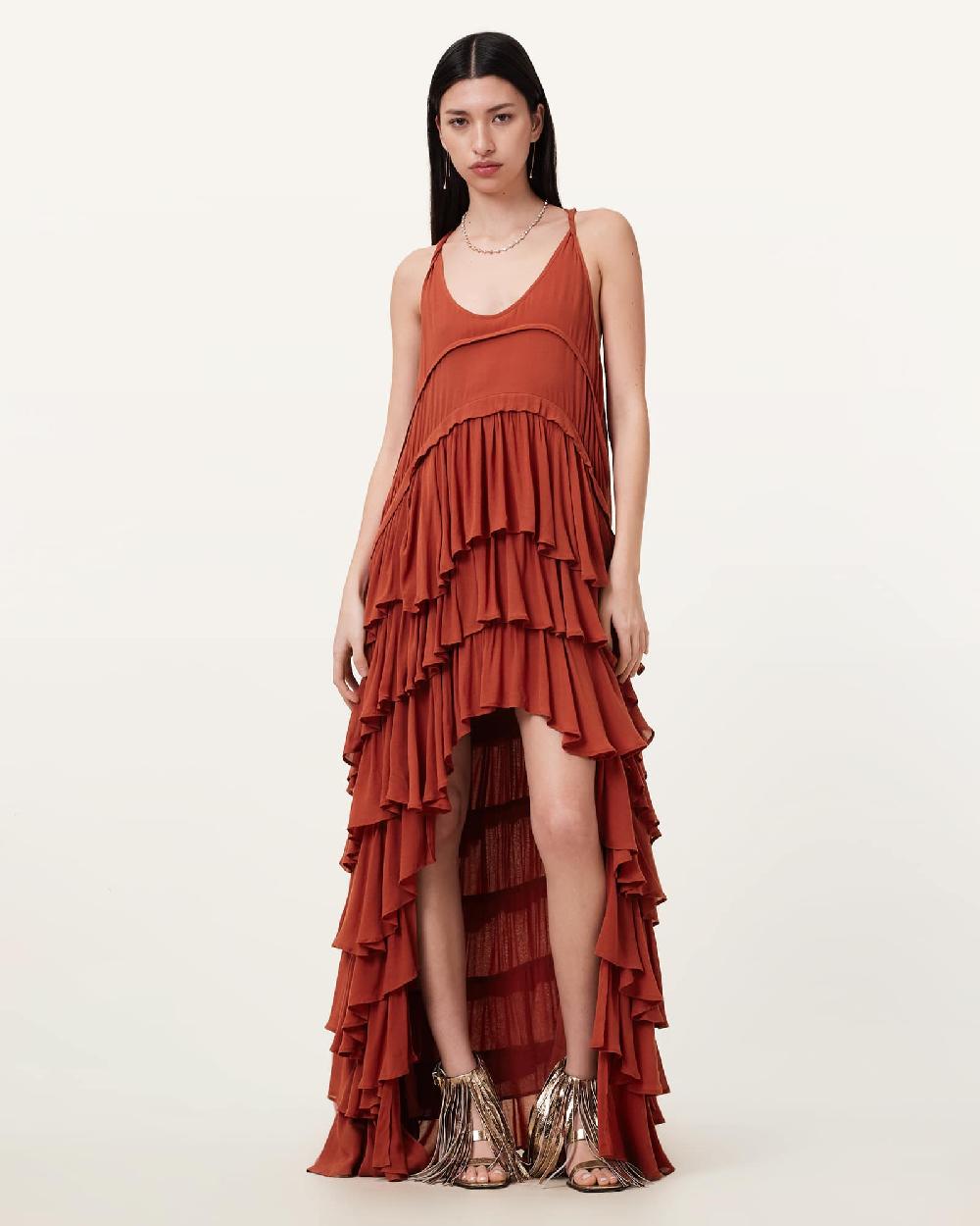 All Saints Cavarly Tiered Ruffle Maxi Dress Burnt Brick Red