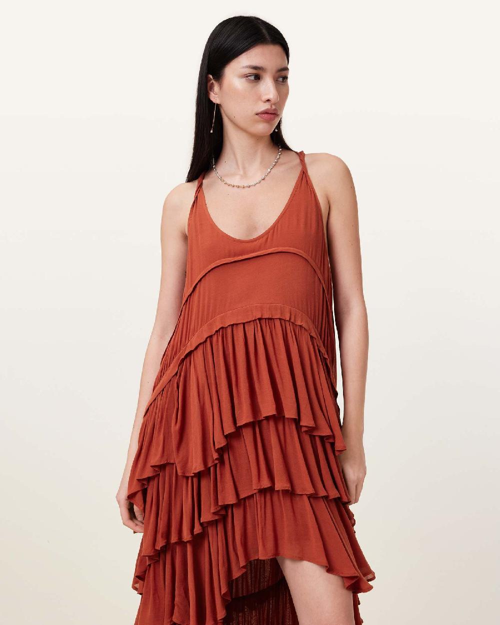 All Saints Cavarly Tiered Ruffle Maxi Dress Burnt Brick Red