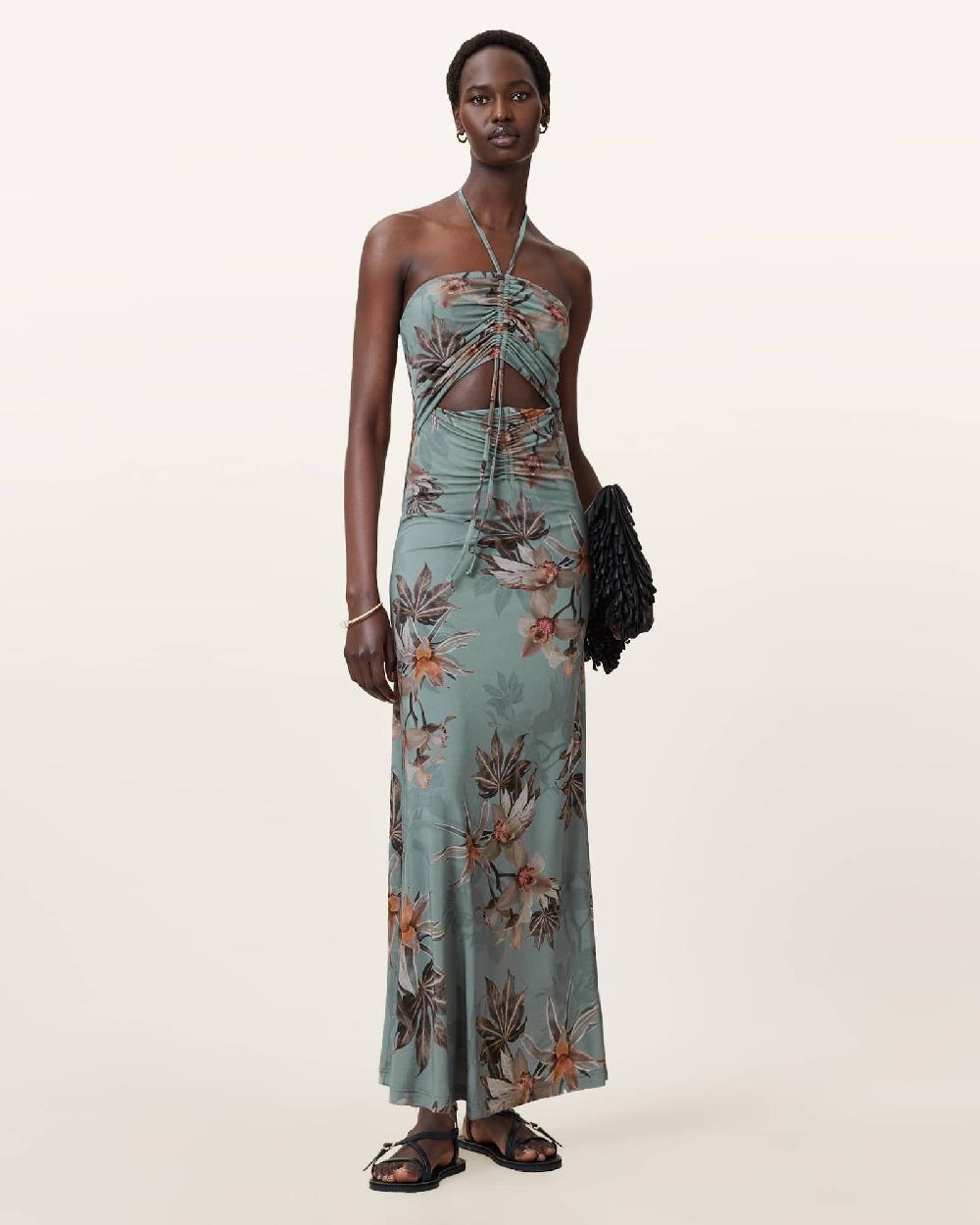 All Saints Celia Halterneck Floral Maxi Dress Adena Dusty Blue