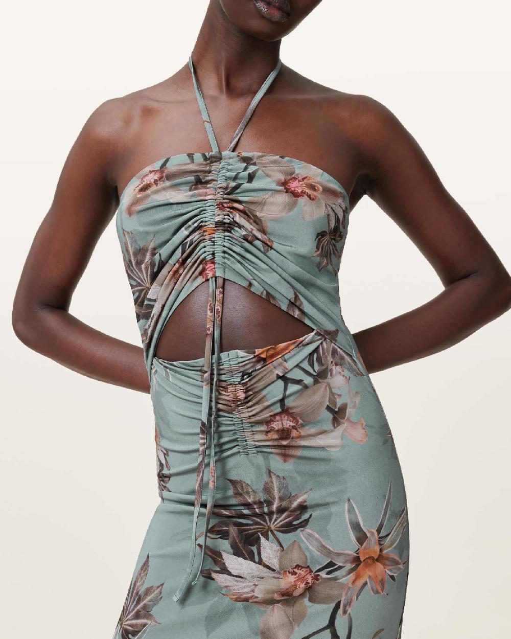 All Saints Celia Halterneck Floral Maxi Dress Adena Dusty Blue