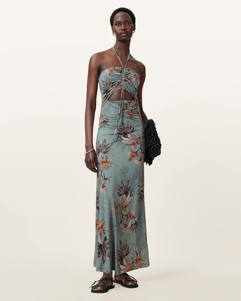 all saints Celia Halterneck Floral Maxi Dress Adena Dusty Blue