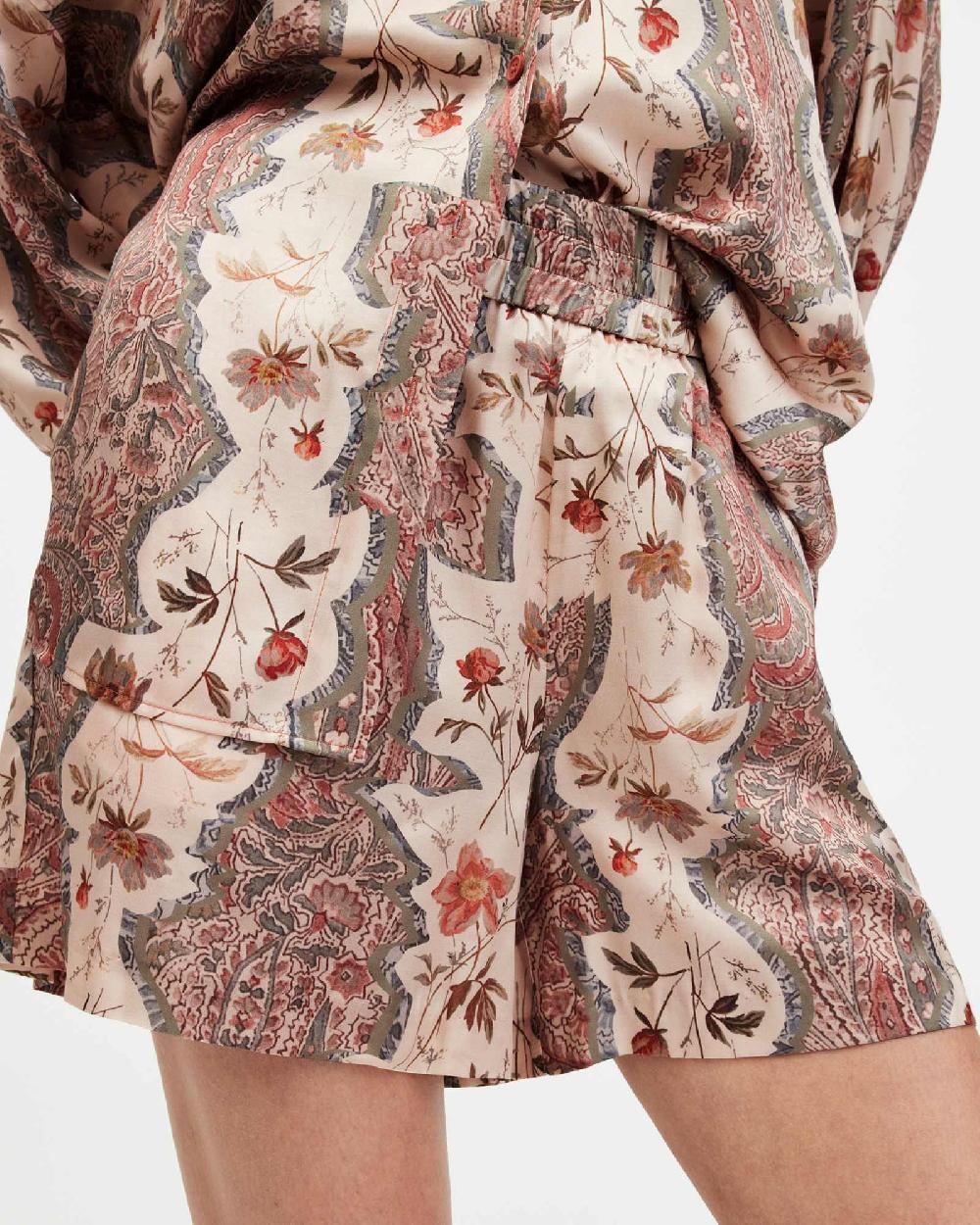 All Saints Charli Cascade Print Silk Blend Shorts Clay Pink