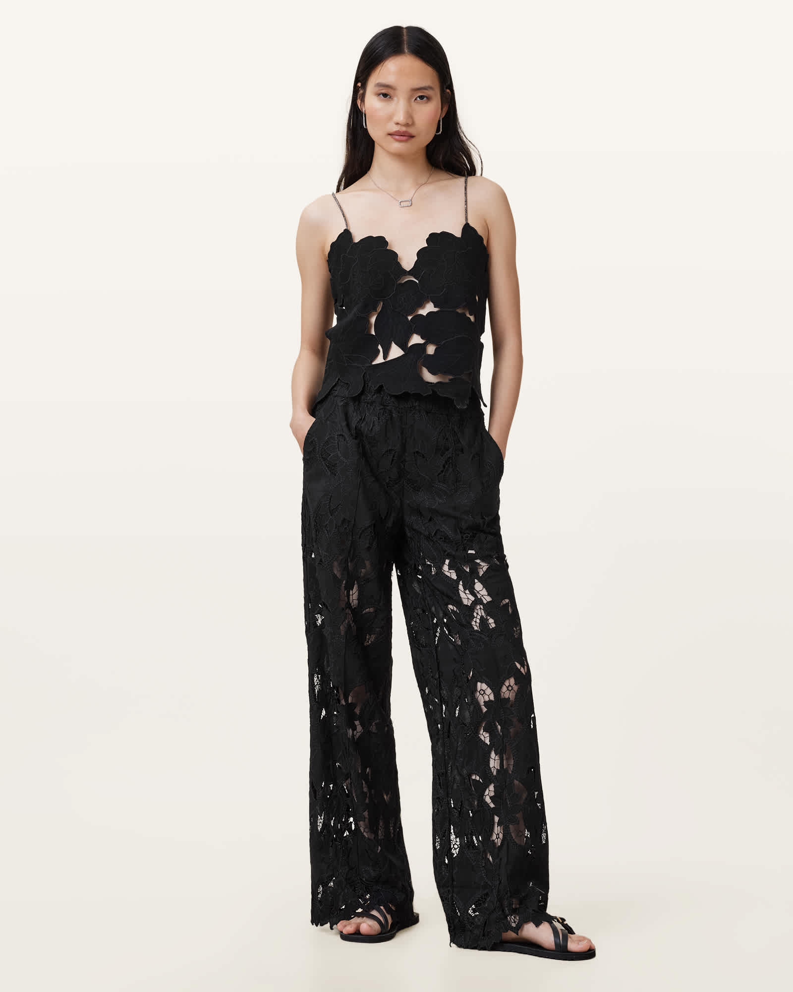 All Saints Charli Embroidered Straight Fit Pants Black