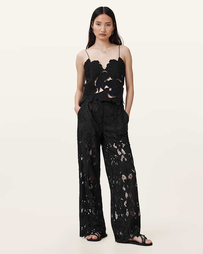 all saints Charli Embroidered Straight Fit Pants Black