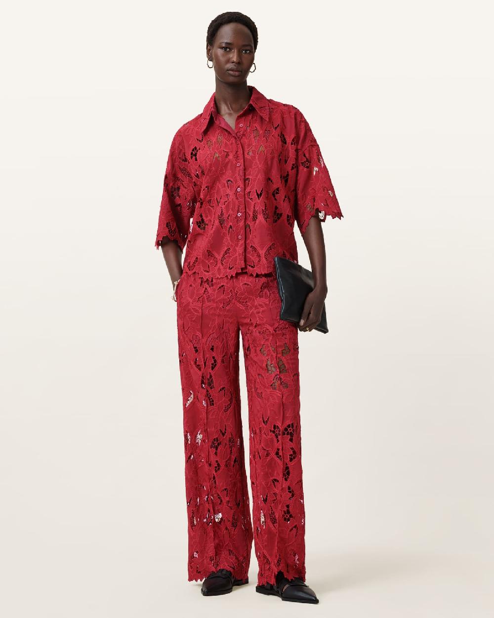All Saints Charli Embroidered Straight Fit Pants Burnt Brick Red