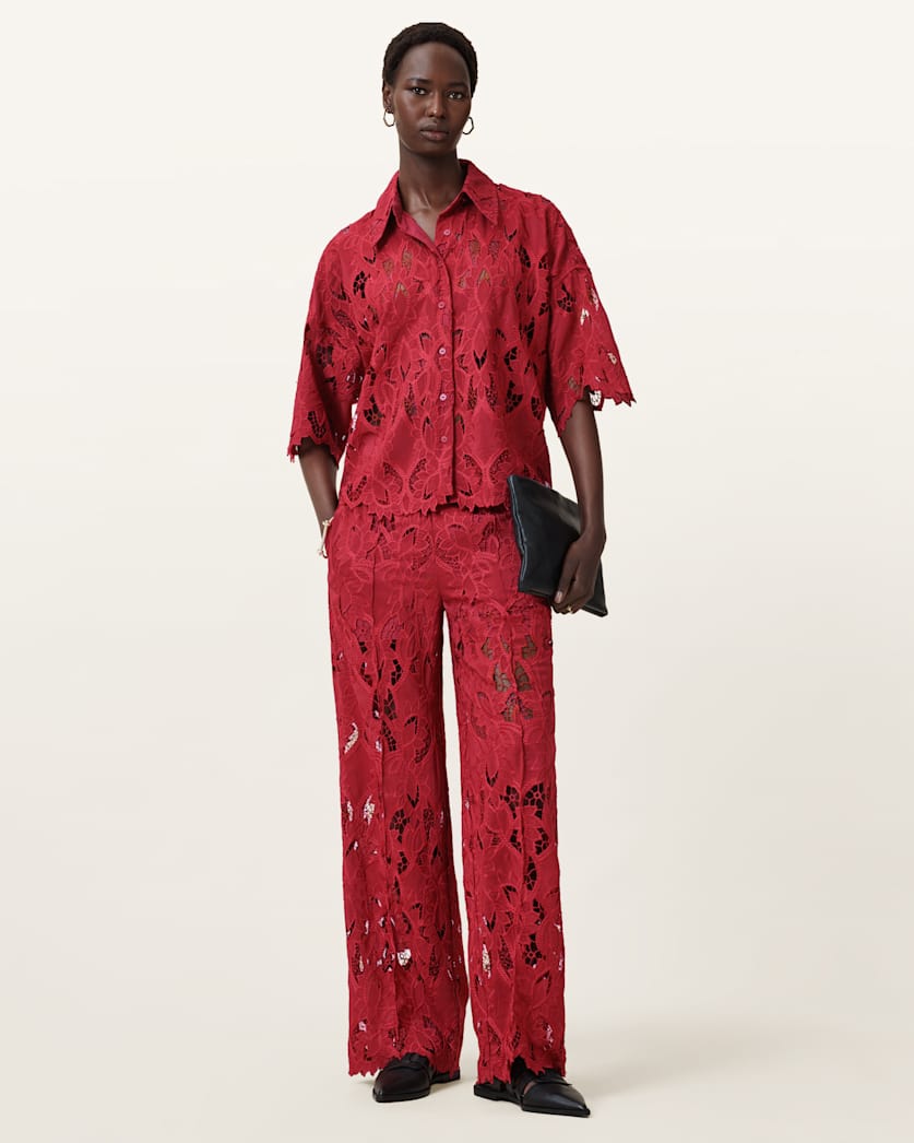 all saints Charli Embroidered Straight Fit Pants Burnt Brick Red