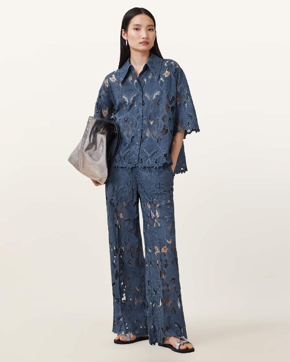 All Saints Charli Embroidered Straight Fit Pants Dusty Blue