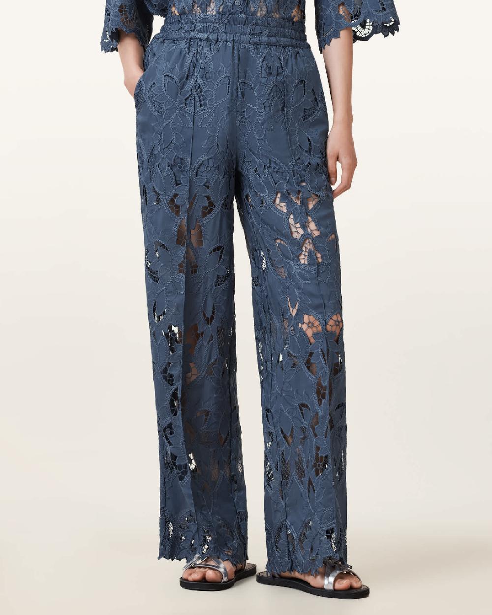 All Saints Charli Embroidered Straight Fit Pants Dusty Blue