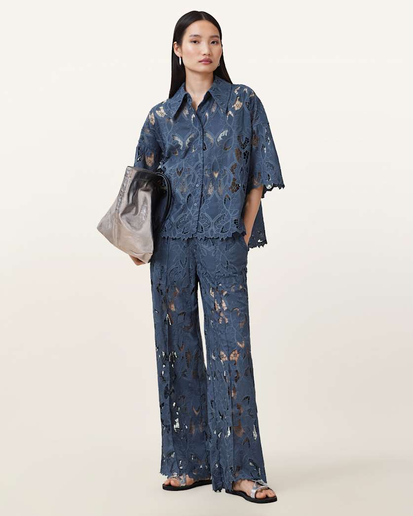 all saints Charli Embroidered Straight Fit Pants Dusty Blue