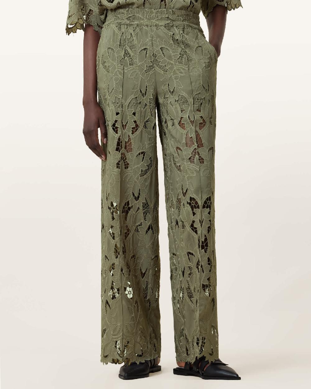 All Saints Charli Embroidered Straight Fit Pants Mermaid Green
