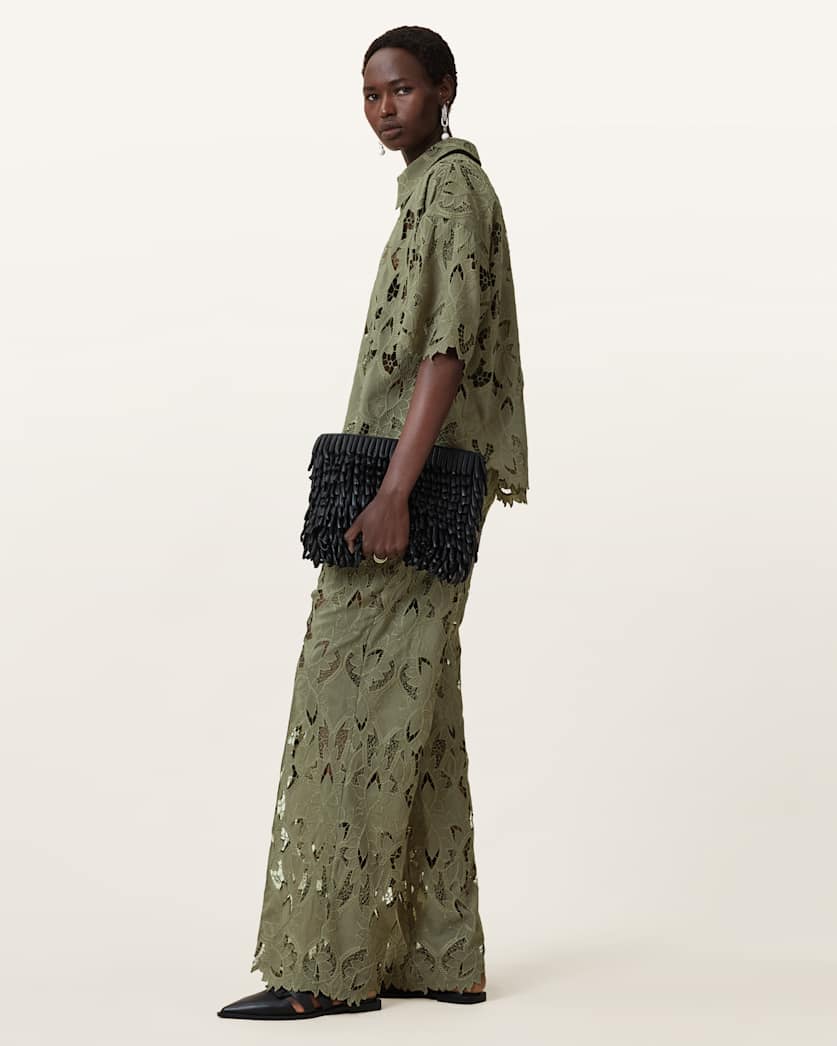 all saints Charli Embroidered Straight Fit Pants Mermaid Green