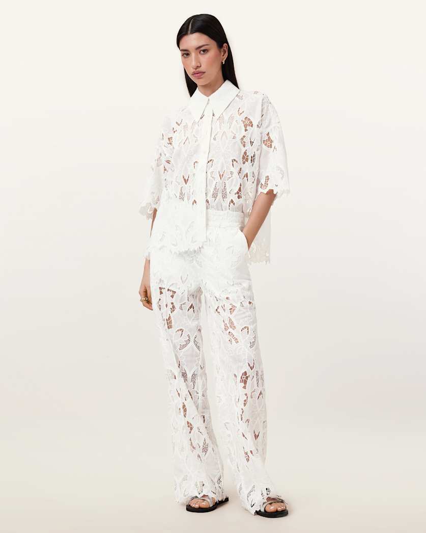 all saints Charli Embroidered Straight Fit Pants Snow White