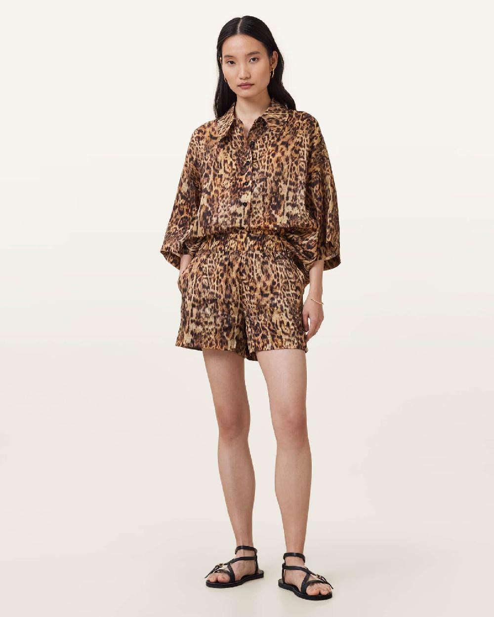 All Saints Charli Leopard Print Shorts Evia Golden Brown