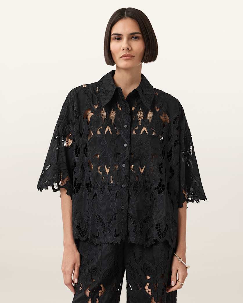 all saints Charli Relaxed Fit Embroidered Shirt Black