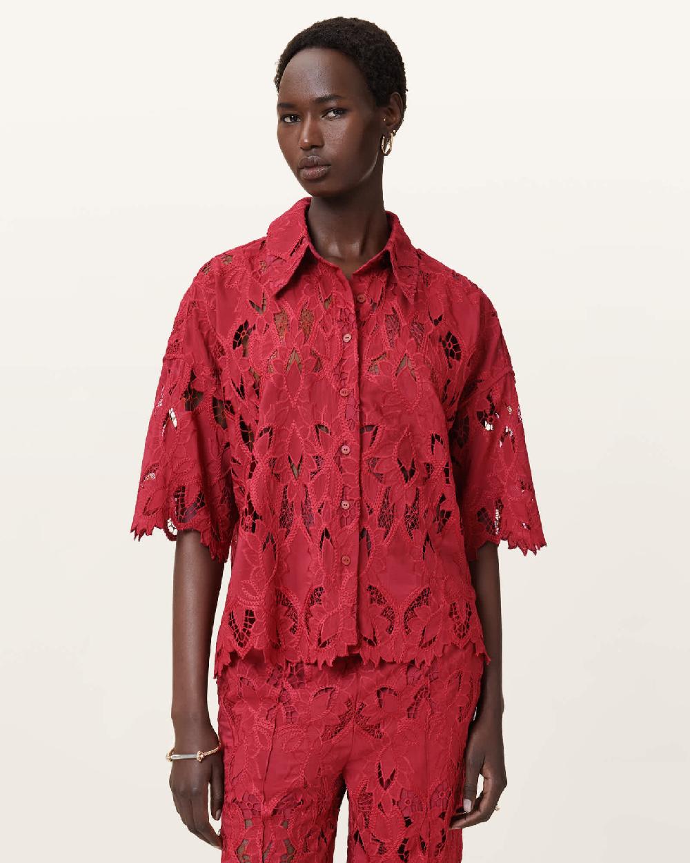 All Saints Charli Relaxed Fit Embroidered Shirt Burnt Brick Red