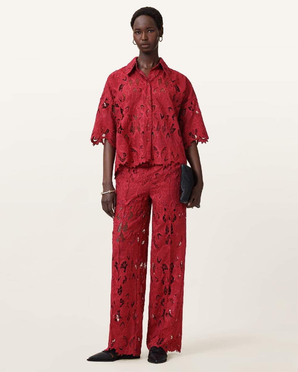 All Saints Charli Relaxed Fit Embroidered Shirt Burnt Brick Red