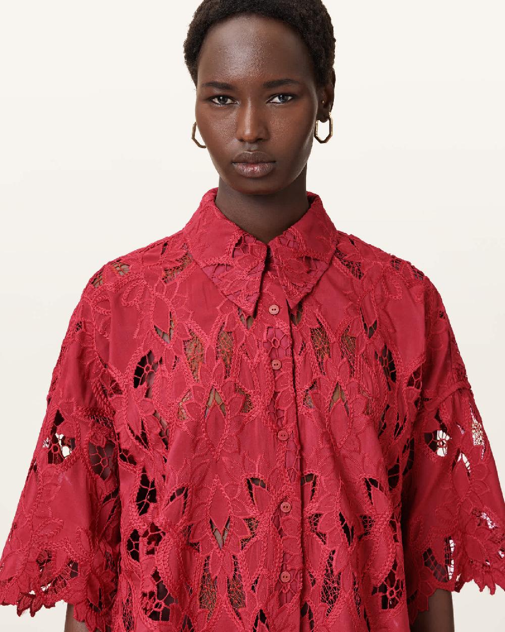 All Saints Charli Relaxed Fit Embroidered Shirt Burnt Brick Red