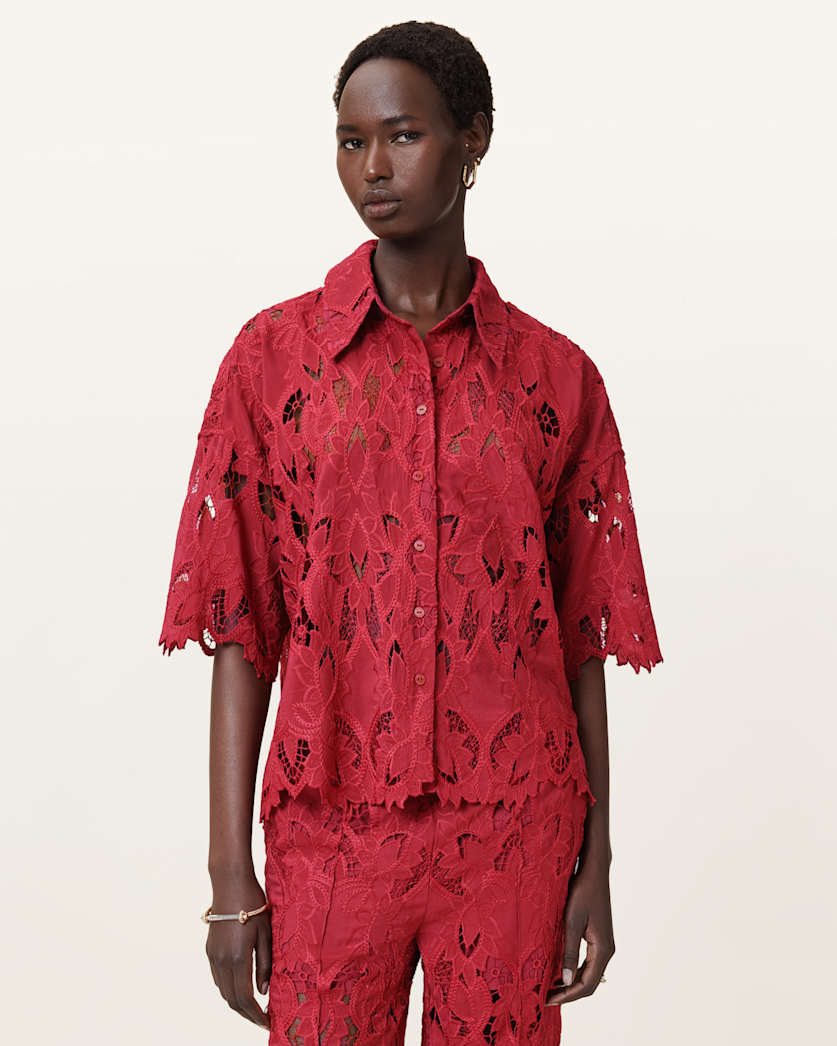 all saints Charli Relaxed Fit Embroidered Shirt Burnt Brick Red