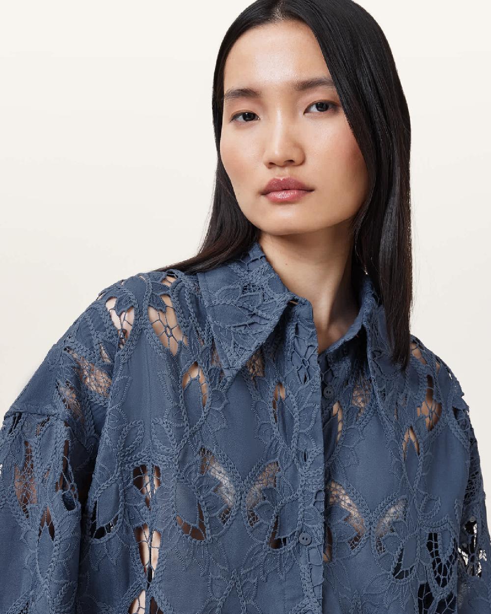 All Saints Charli Relaxed Fit Embroidered Shirt Dusty Blue