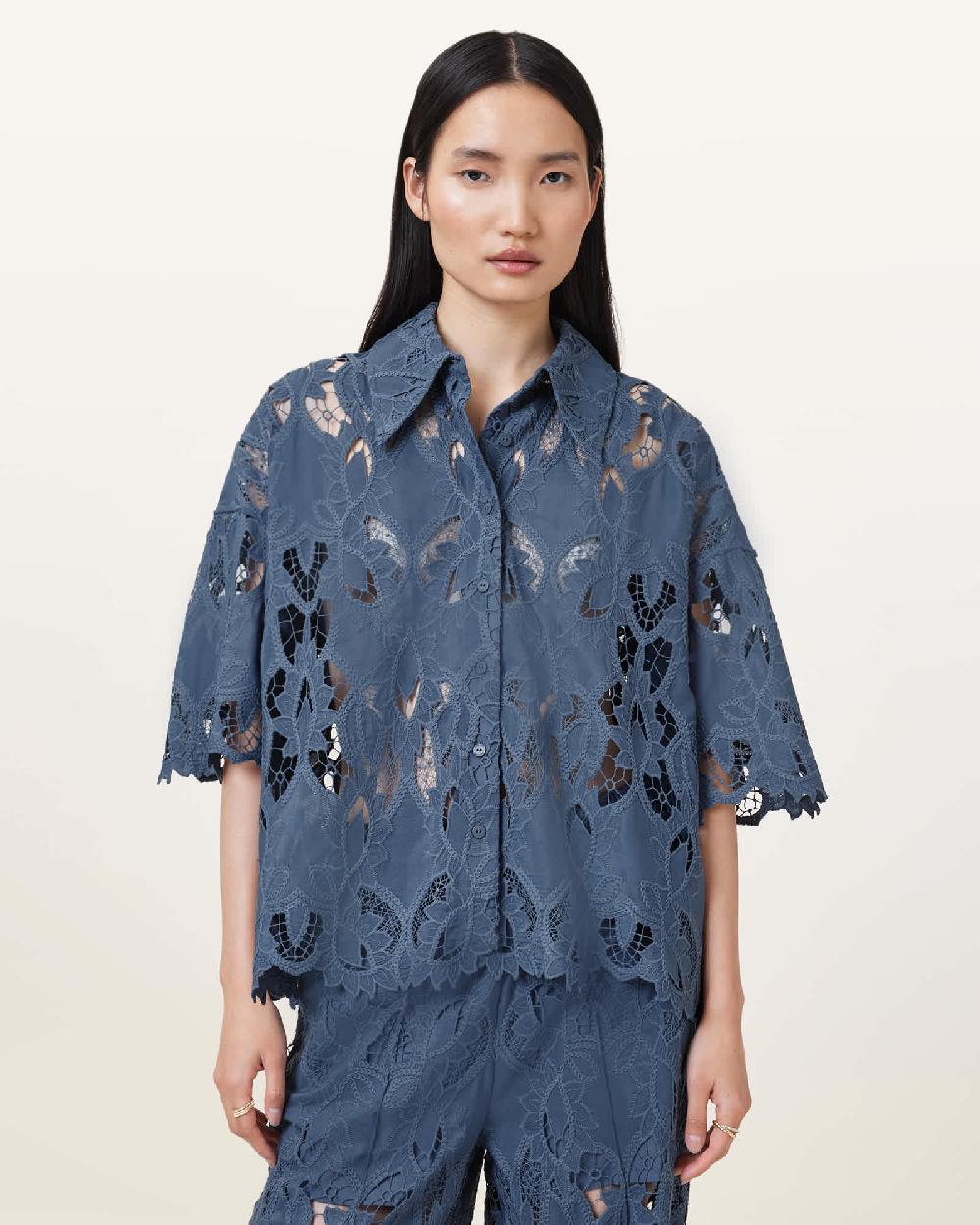 All Saints Charli Relaxed Fit Embroidered Shirt Dusty Blue