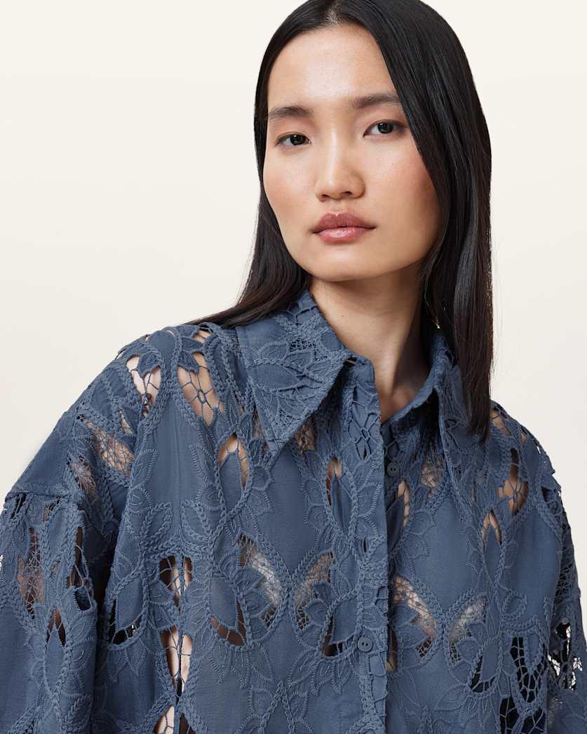 all saints Charli Relaxed Fit Embroidered Shirt Dusty Blue