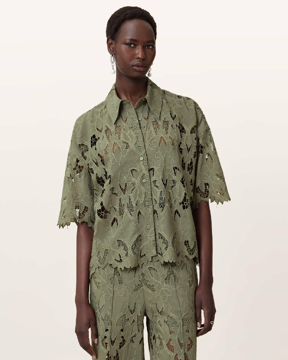 All Saints Charli Relaxed Fit Embroidered Shirt Mermaid Green