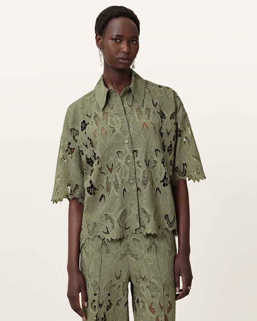 all saints Charli Relaxed Fit Embroidered Shirt Mermaid Green