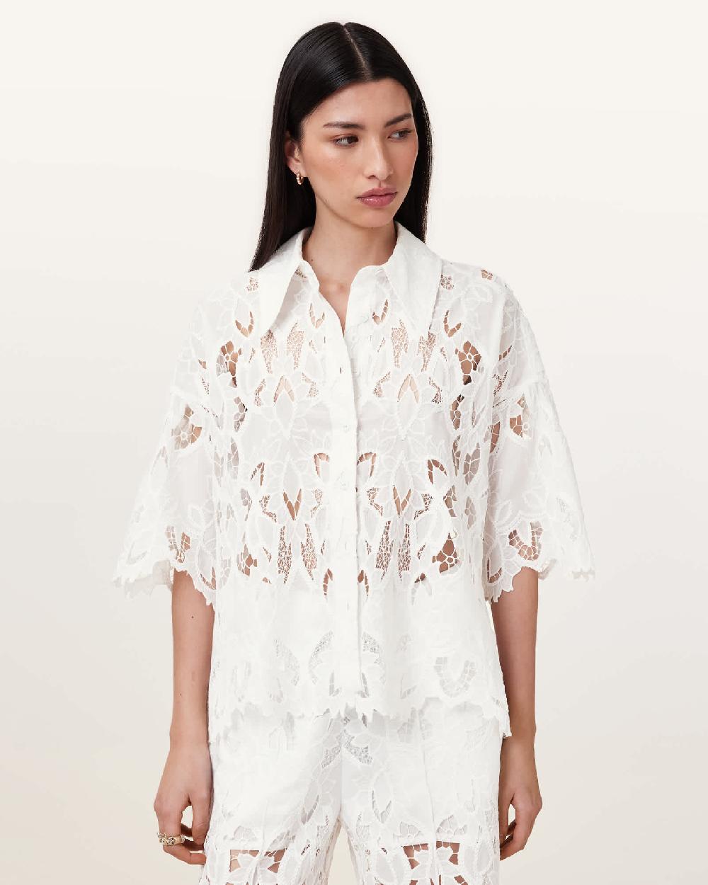 All Saints Charli Relaxed Fit Embroidered Shirt Snow White