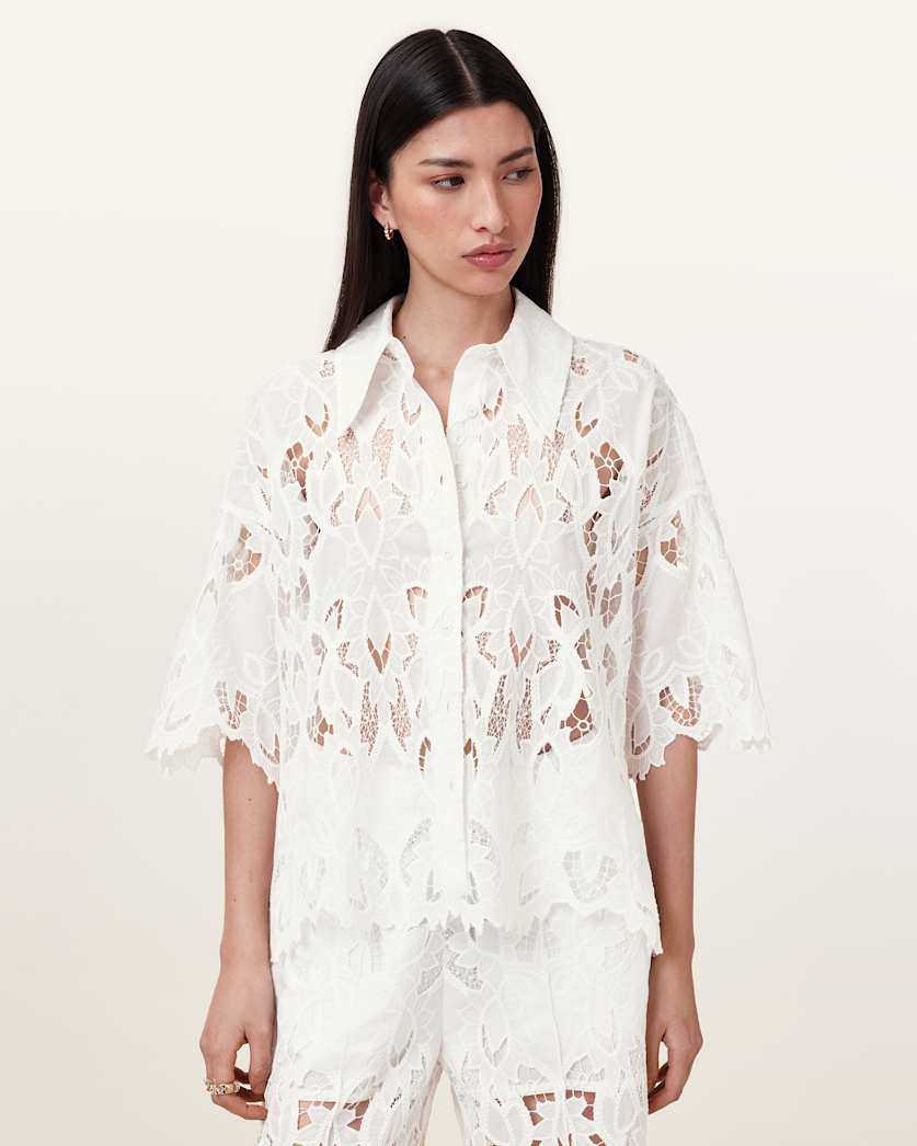 all saints Charli Relaxed Fit Embroidered Shirt Snow White
