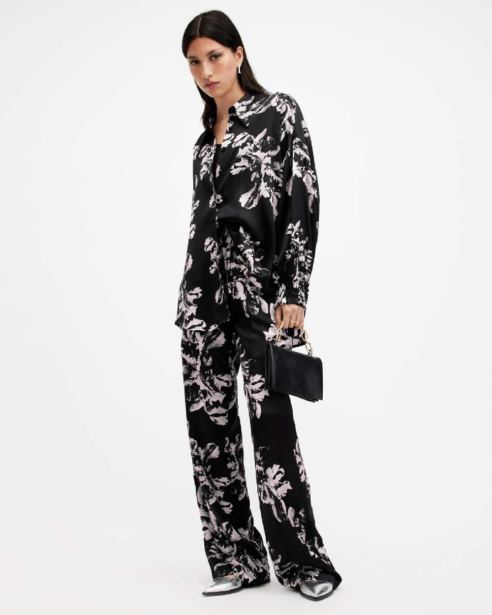 All Saints Charli Relaxed Fit Silk Blend Shirt Monica Black