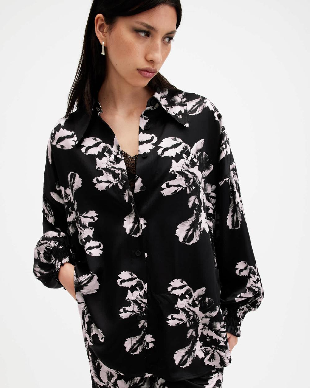 All Saints Charli Relaxed Fit Silk Blend Shirt Monica Black
