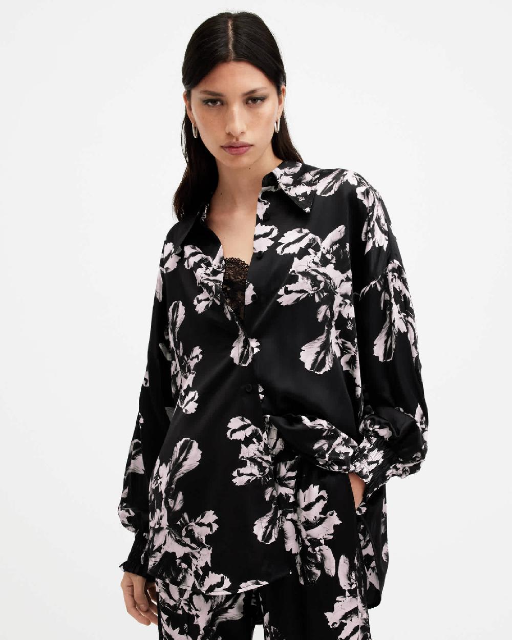 All Saints Charli Relaxed Fit Silk Blend Shirt Monica Black