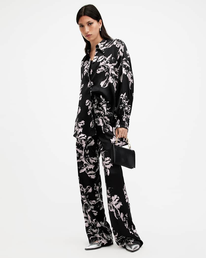 all saints Charli Relaxed Fit Silk Blend Shirt Monica Black