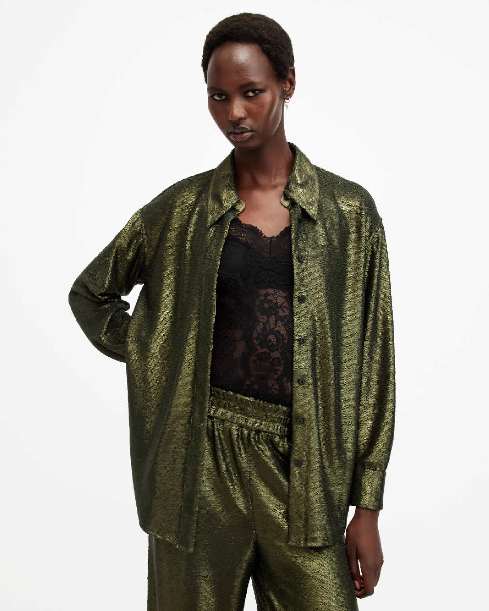 All Saints Charli Sequin Relaxed Fit Shirt Olive Green