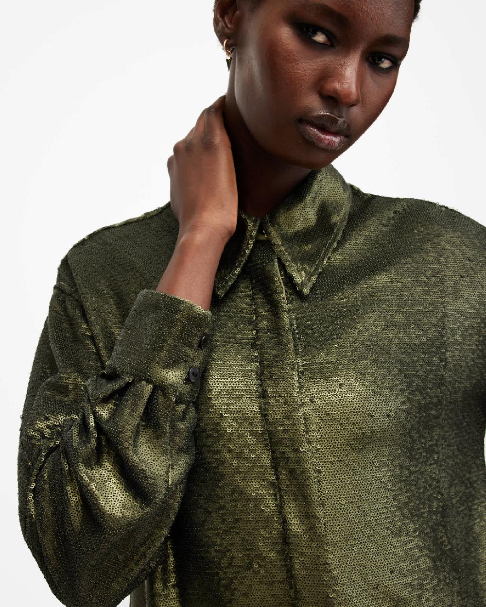All Saints Charli Sequin Relaxed Fit Shirt Olive Green
