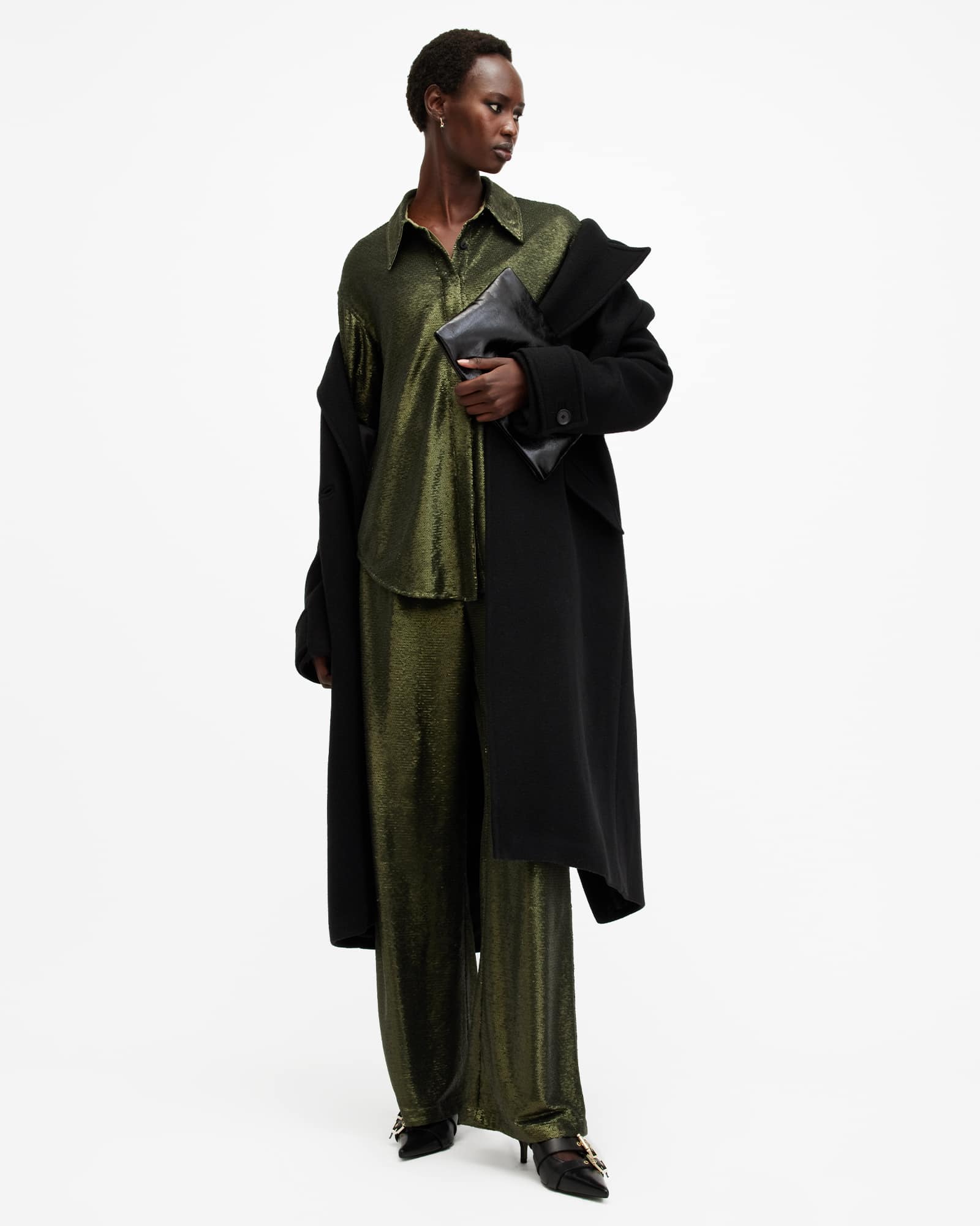 All Saints Charli Sequin Relaxed Fit Shirt Olive Green