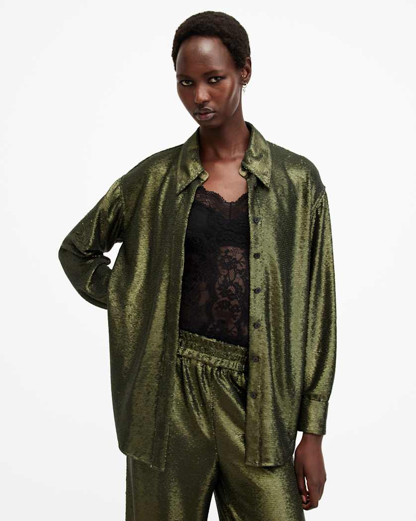 all saints Charli Sequin Relaxed Fit Shirt Olive Green