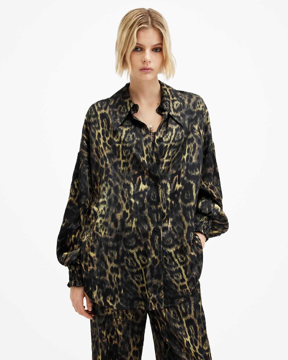 All Saints Charli Silk Blend Animal Print Shirt Jinx Golden Brown