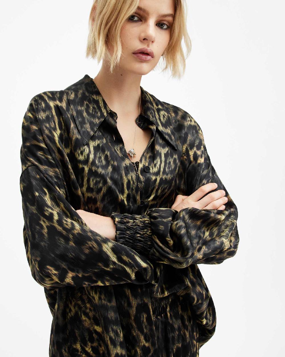 All Saints Charli Silk Blend Animal Print Shirt Jinx Golden Brown