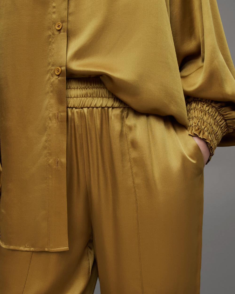 All Saints Charli Silk Blend Wide Leg Fit Pants Ecru Olive Green