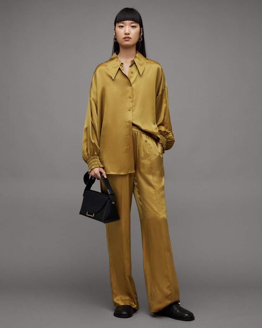 all saints Charli Silk Blend Wide Leg Fit Pants Ecru Olive Green