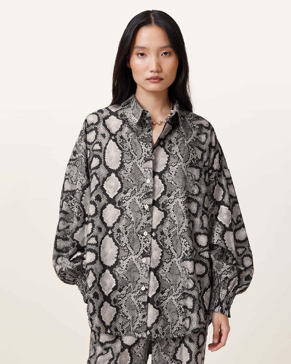 All Saints Charli Snake Print Long Sleeve Shirt Flow Ecru White