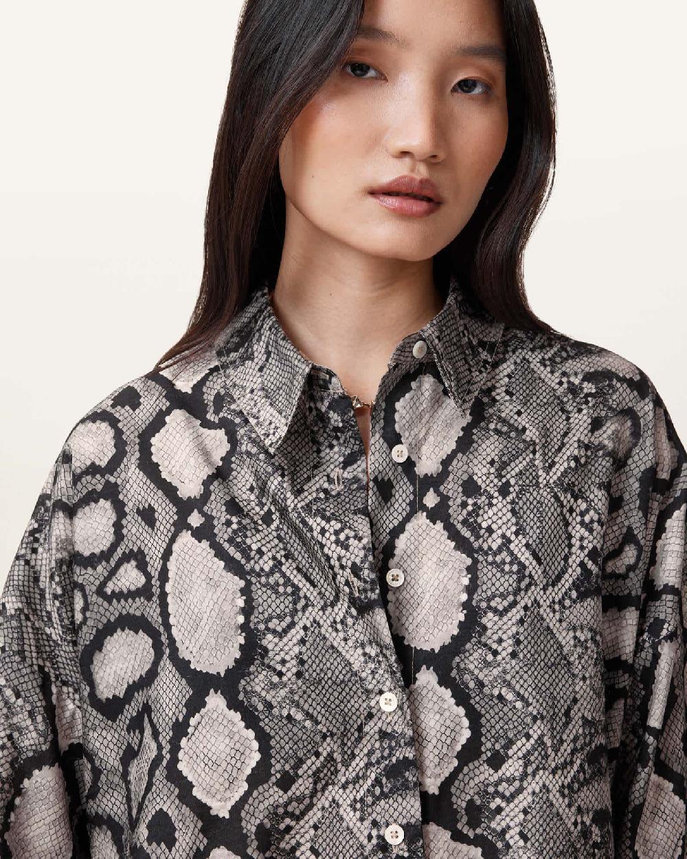 All Saints Charli Snake Print Long Sleeve Shirt Flow Ecru White