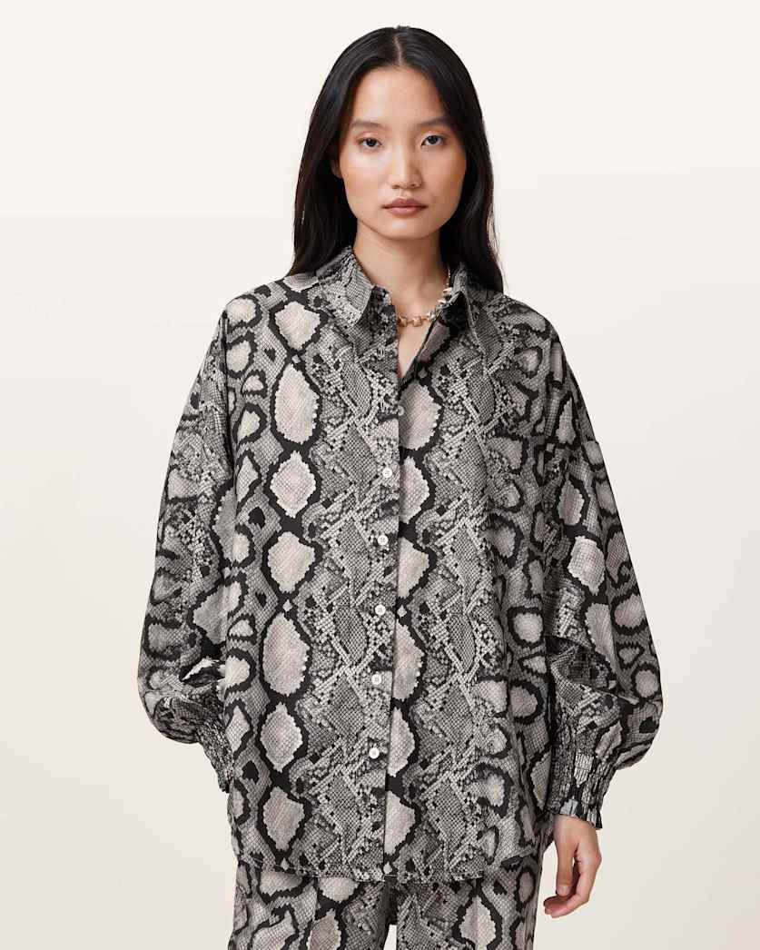 all saints Charli Snake Print Long Sleeve Shirt Flow Ecru White