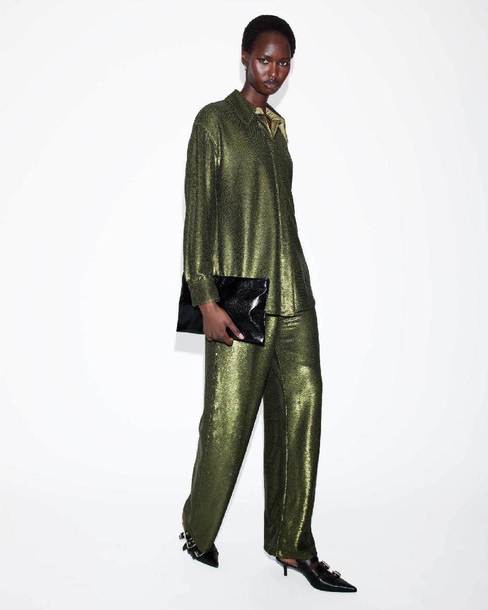 All Saints Charli Wide Leg Sequin Pants Olive Green