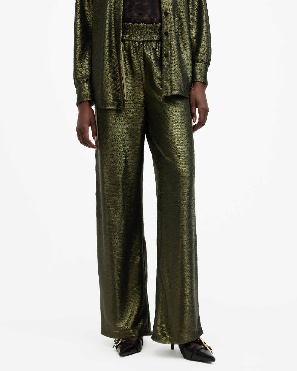 All Saints Charli Wide Leg Sequin Pants Olive Green