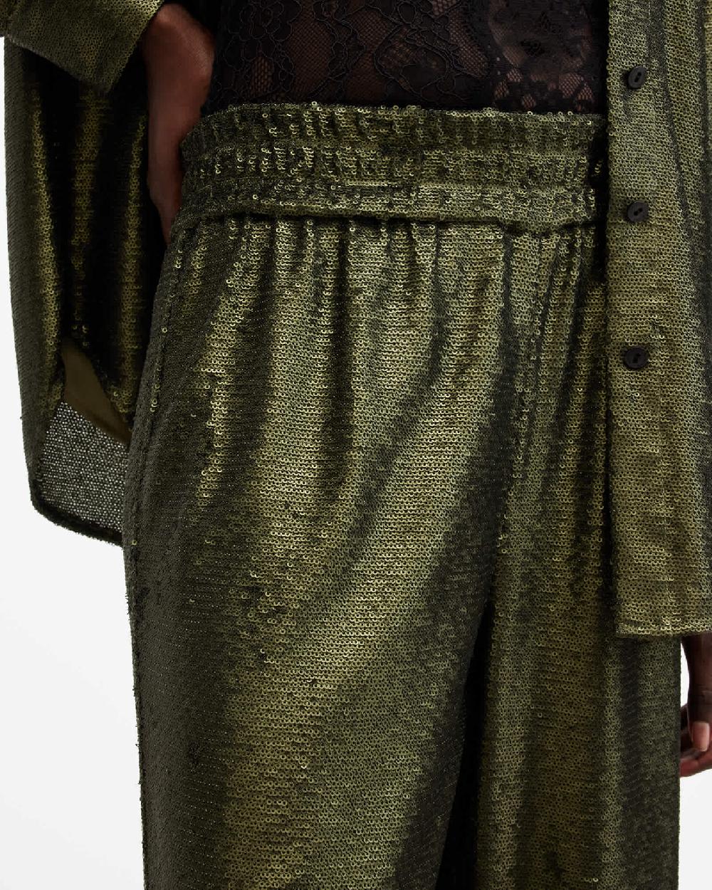 All Saints Charli Wide Leg Sequin Pants Olive Green